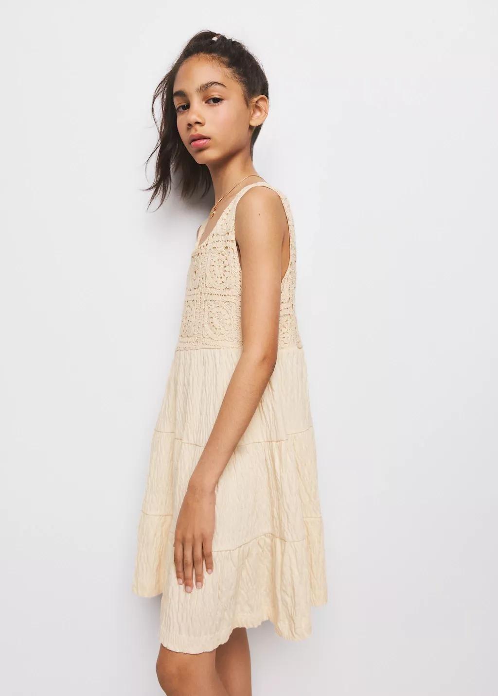 Beige Embroidered Textured Dress, Kids Girl, Light Beige, large image number 3