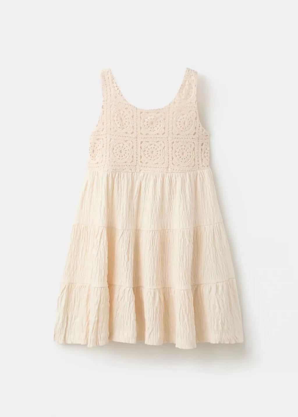 Beige Embroidered Textured Dress, Kids Girl, Light Beige, large image number 7