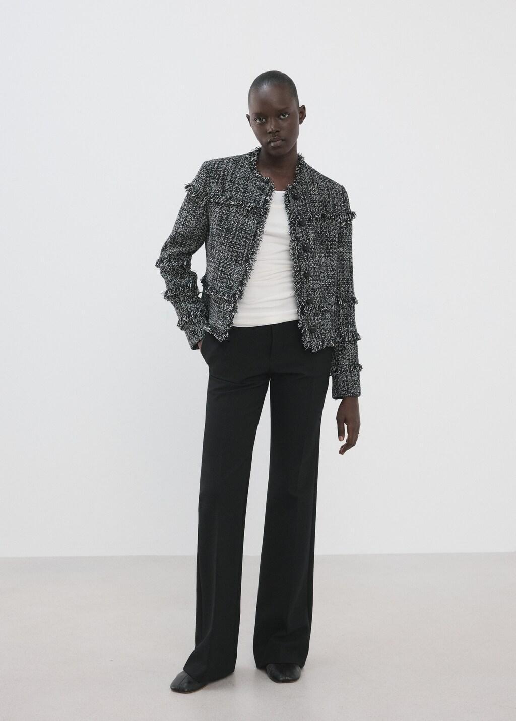 Black Tweed Jacket With Frayed Ends, Black, medium