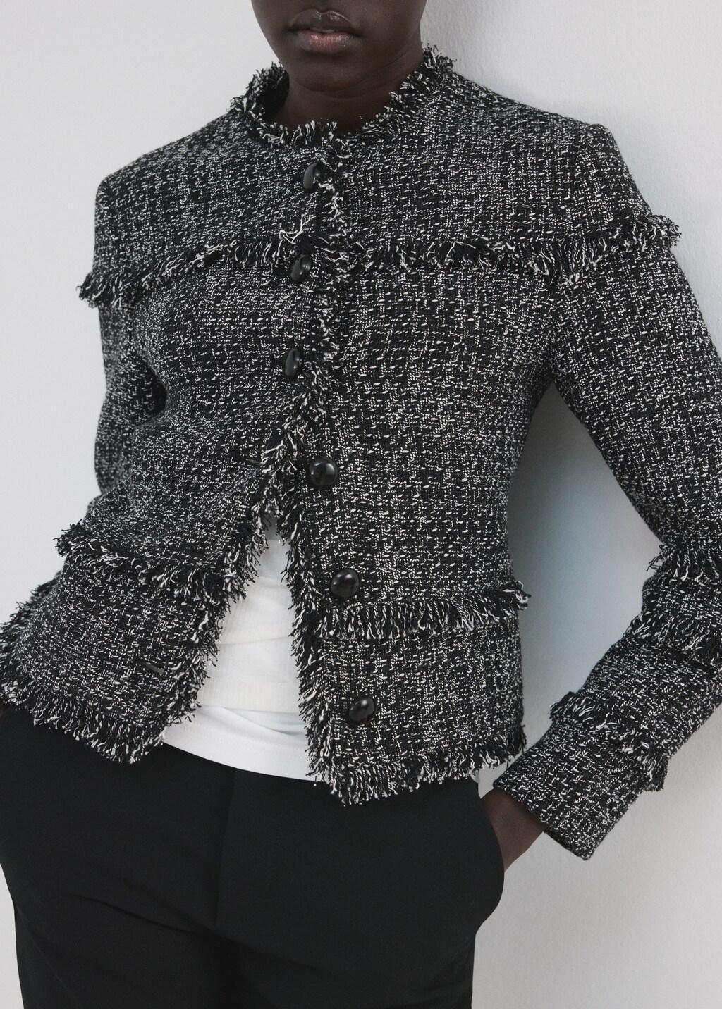 Black Tweed Jacket With Frayed Ends, Black, large image number 3