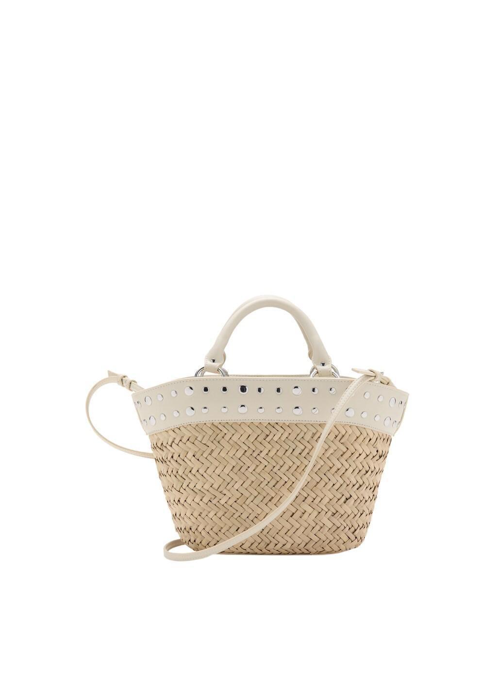 White Natural Fibre Basket With Studs, Natural White, medium