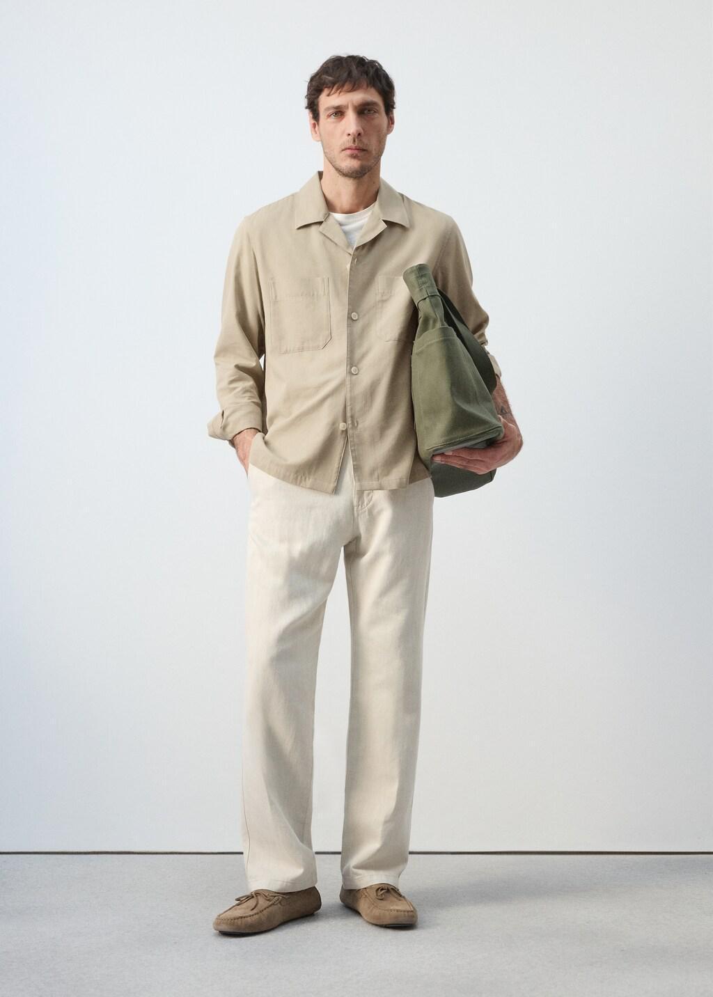 Beige Bowling Collar Cotton Shacket, Light Beige, large image number 0