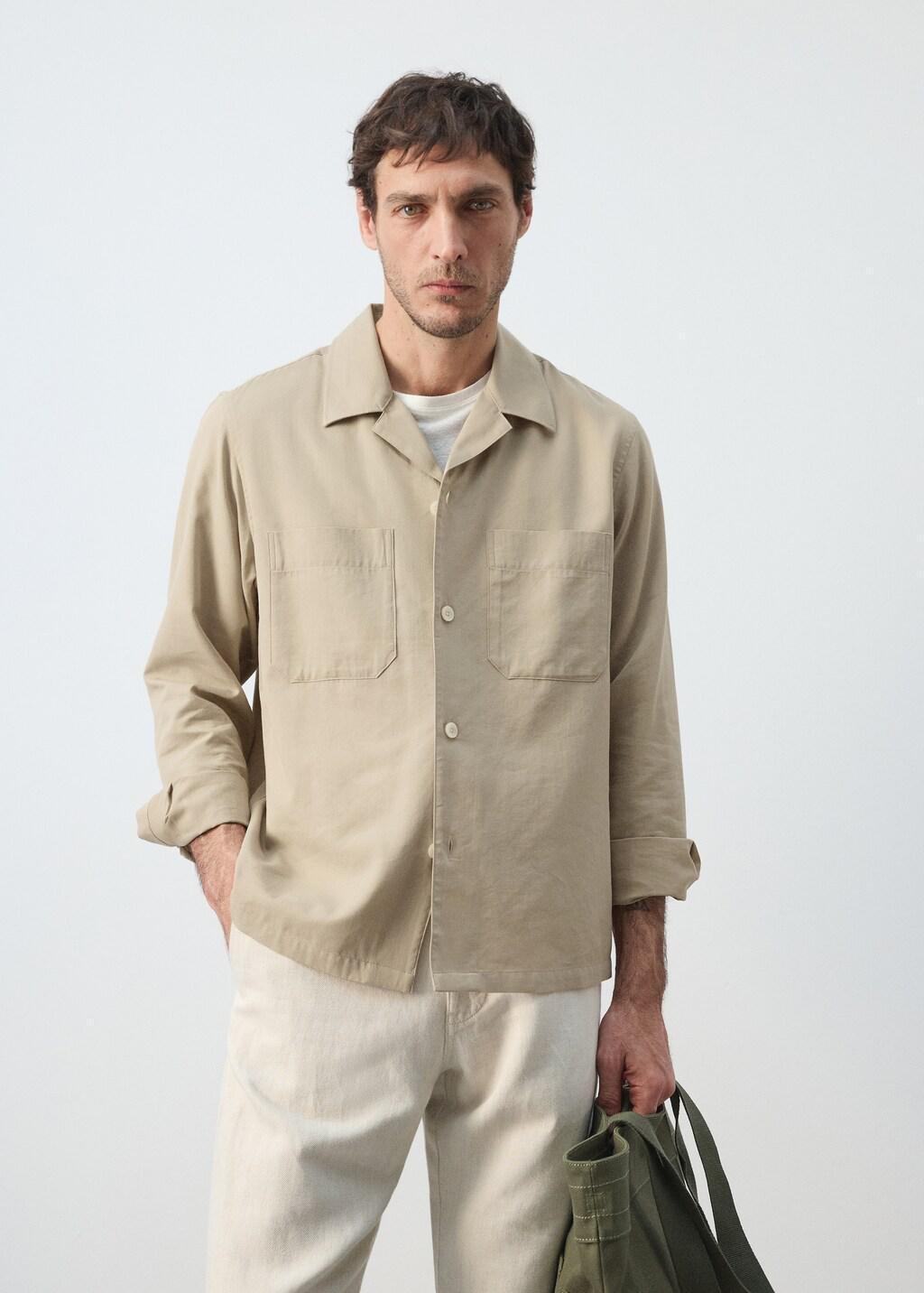 Beige Bowling Collar Cotton Shacket, Light Beige, large image number 3