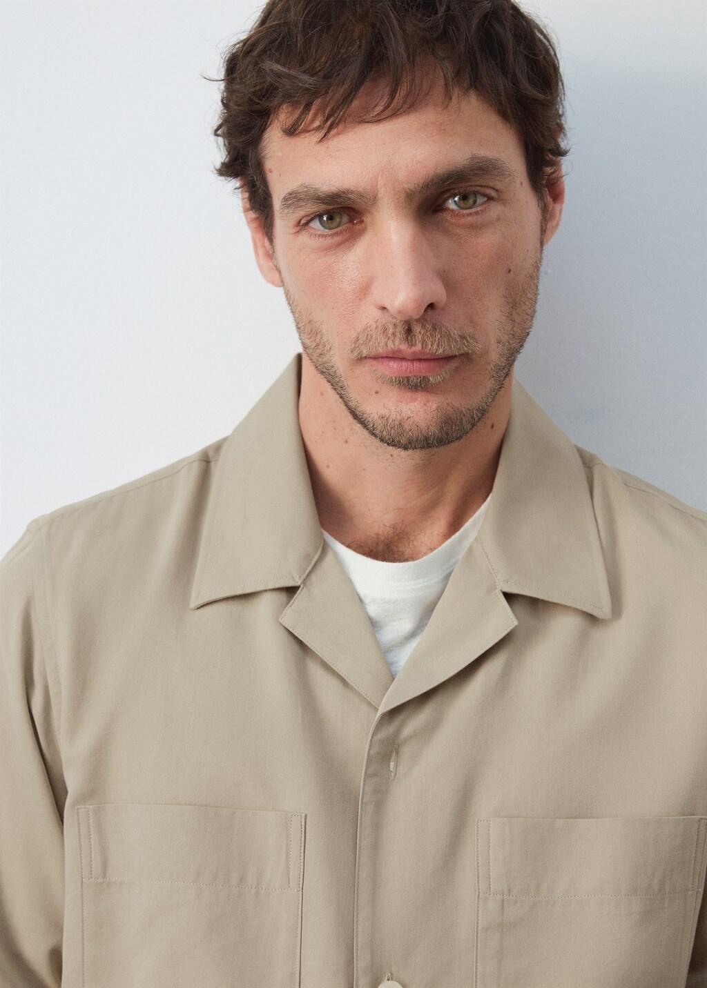 Beige Bowling Collar Cotton Shacket, Light Beige, large image number 4