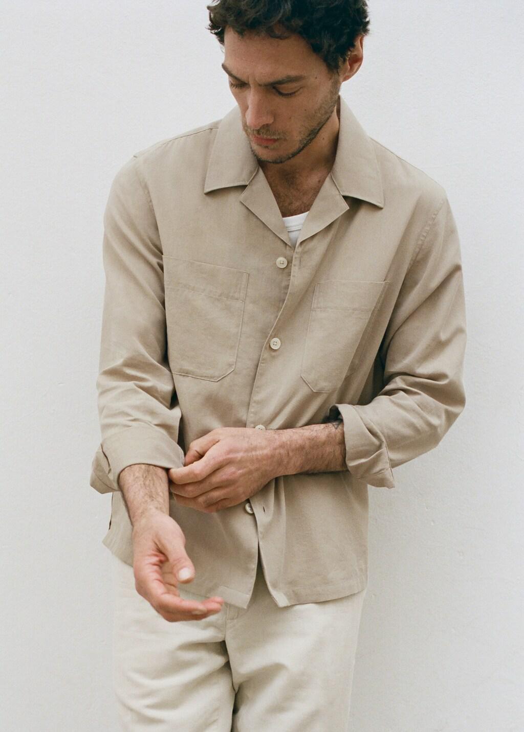 Beige Bowling Collar Cotton Shacket, Light Beige, large image number 6