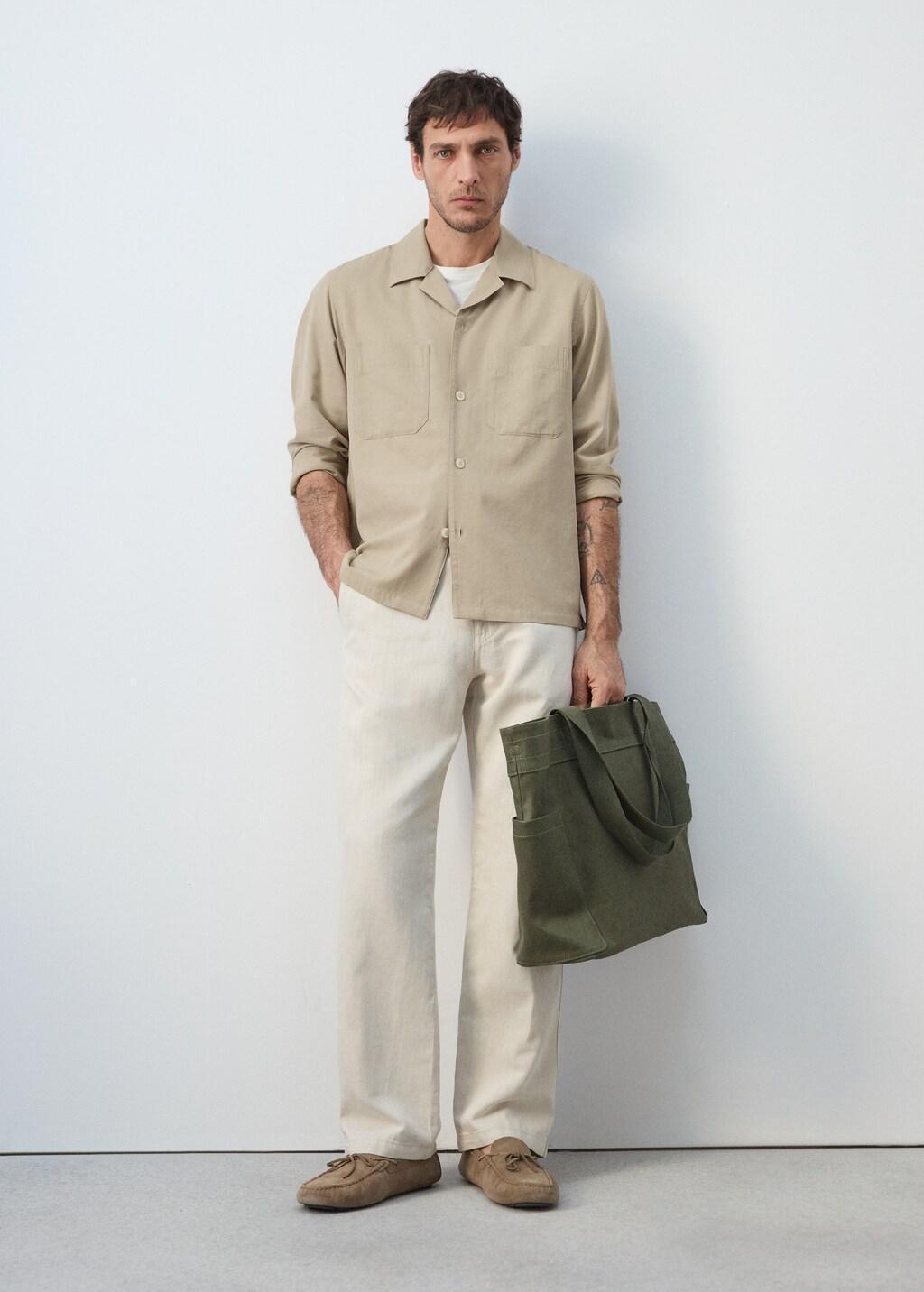 Beige Bowling Collar Cotton Shacket, Light Beige, large image number 7