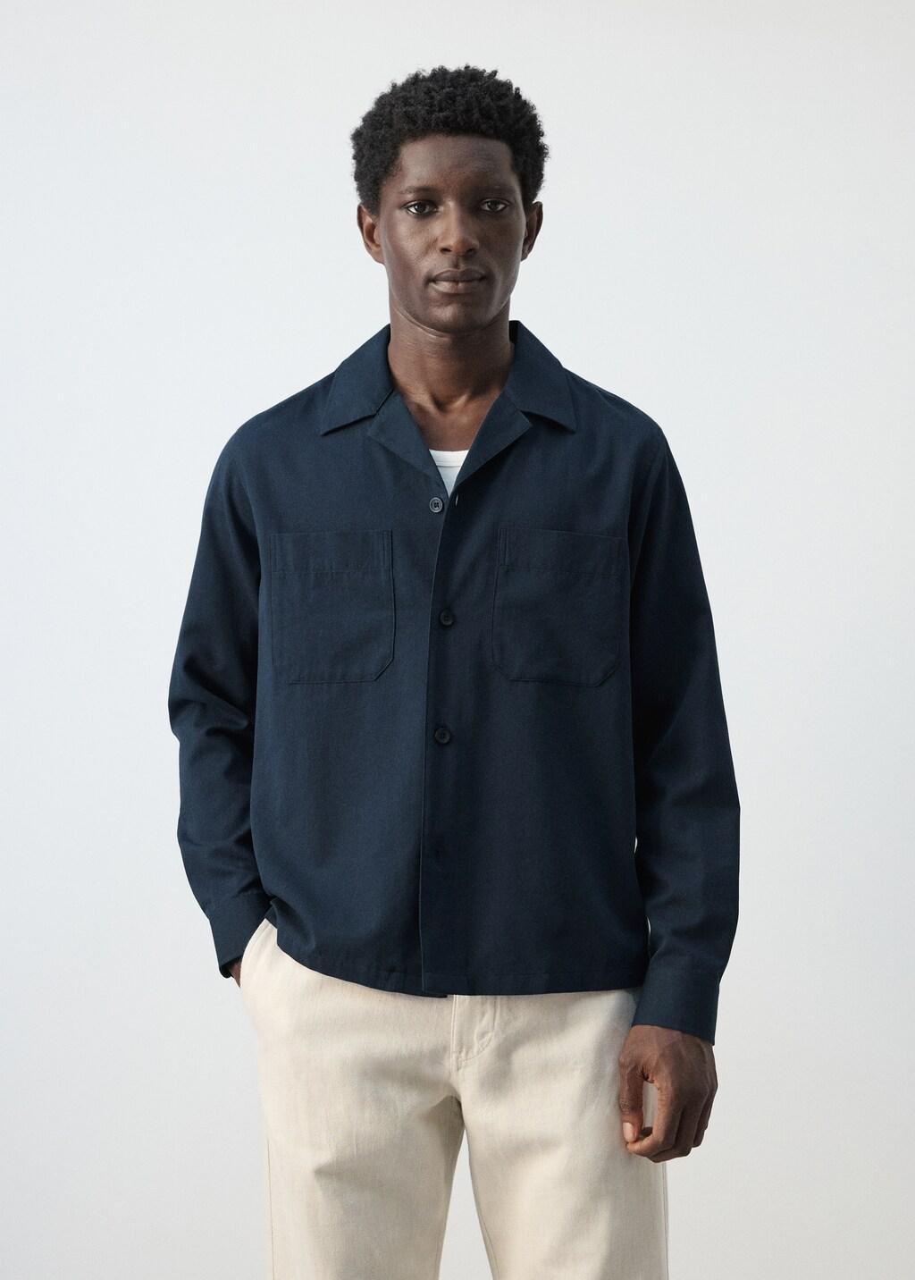 Navy Bowling Collar Cotton Shacket, Navy, large image number 3