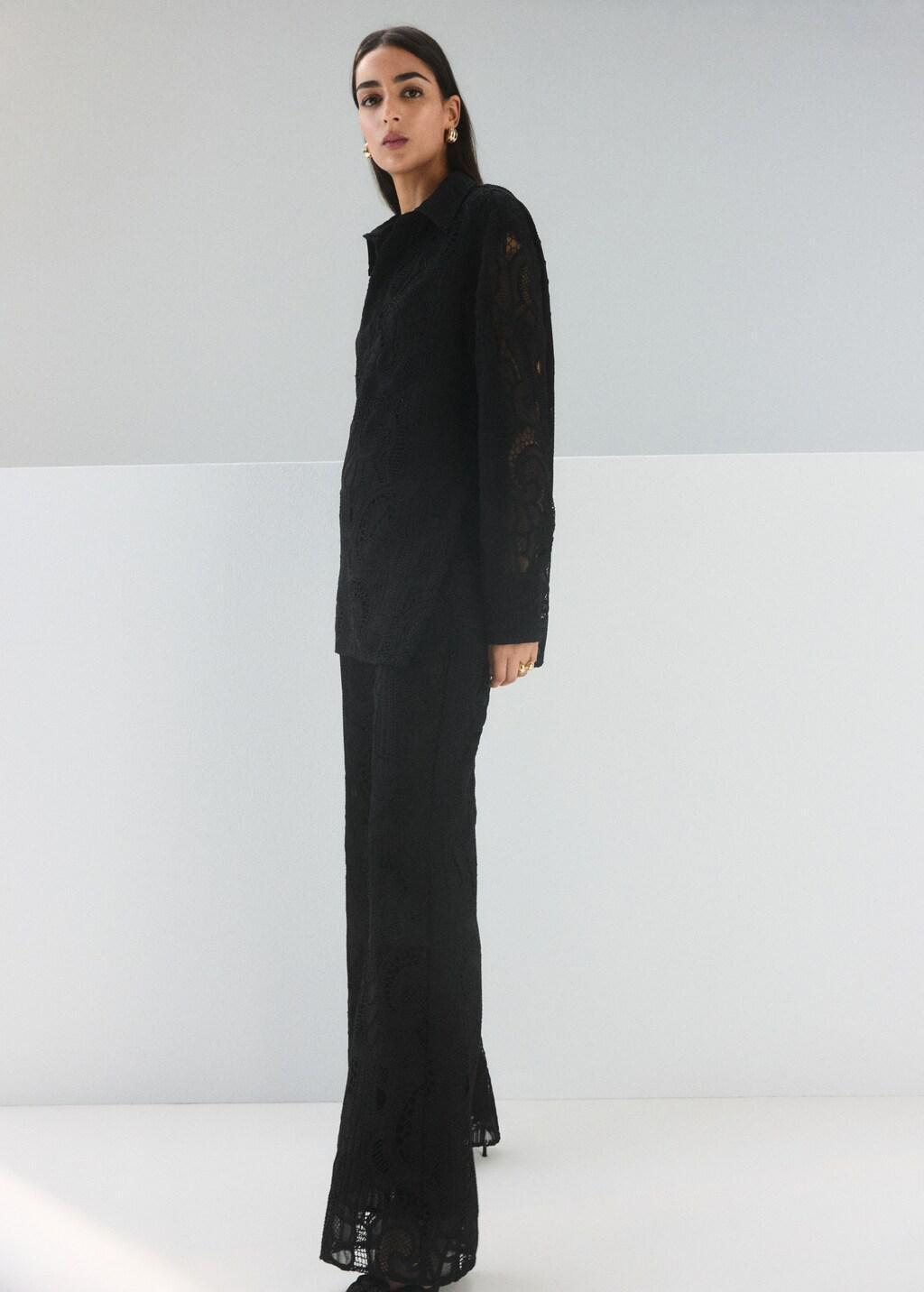 Black Broderie Anglaise Straight-Leg Trousers, Black, large image number 0