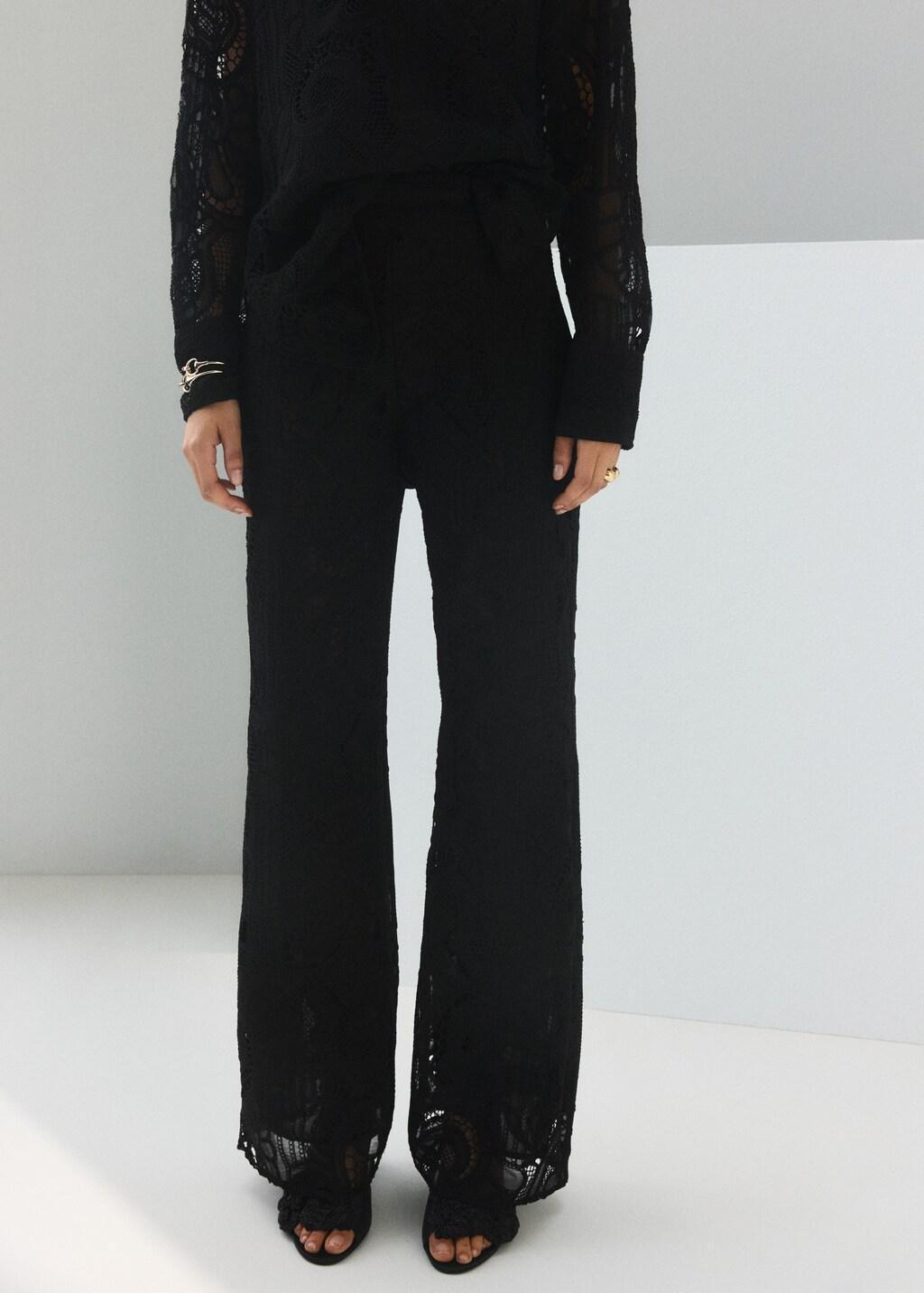 Black Broderie Anglaise Straight-Leg Trousers, Black, large image number 3