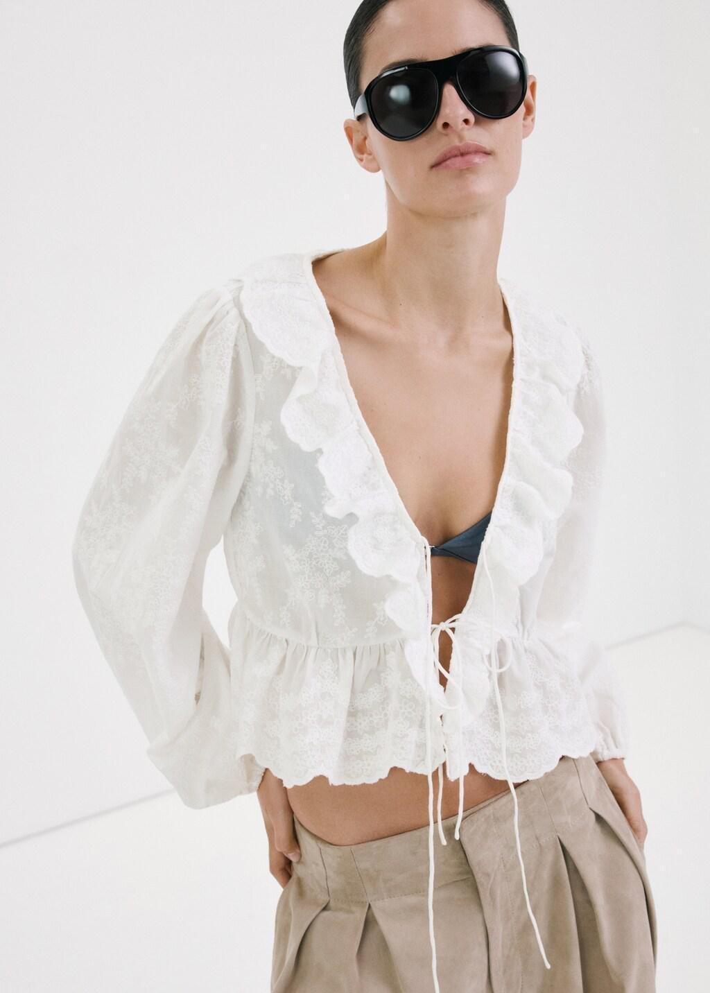 White Ruffled Embroidered Blouse, Natural White, large image number 3