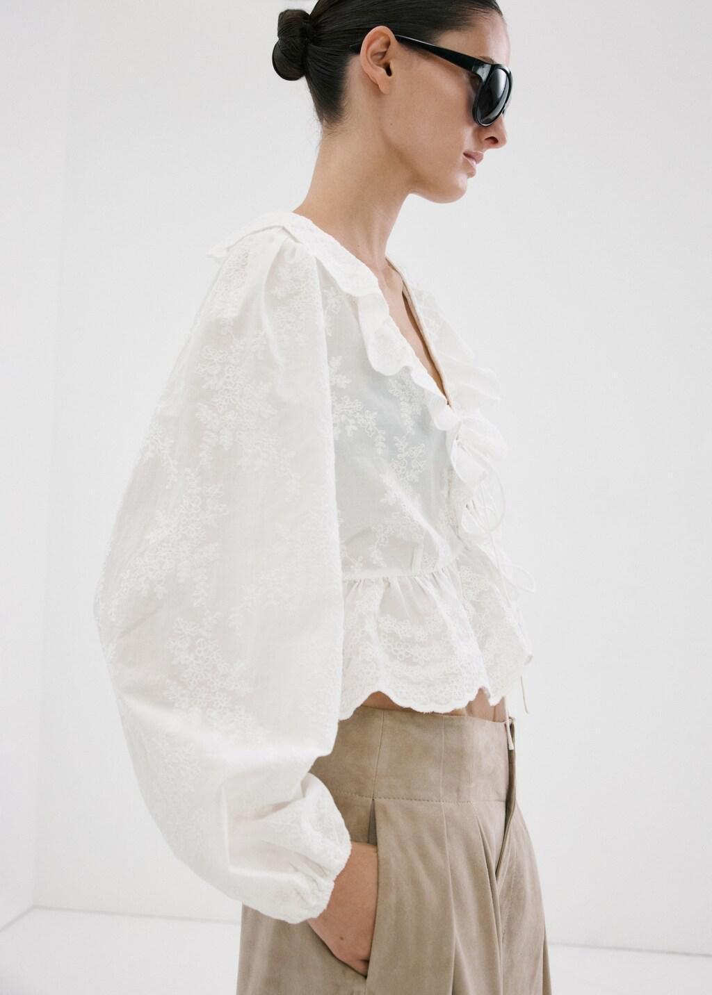White Ruffled Embroidered Blouse, Natural White, large image number 6