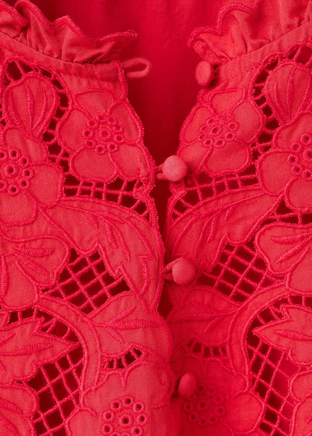 Red Embroidered Openwork Blouse, Red, medium