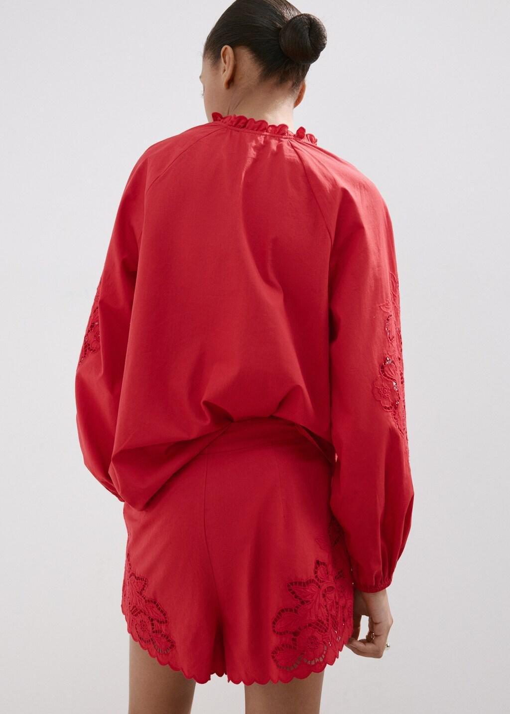 Red Embroidered Openwork Blouse, Red, large image number 2