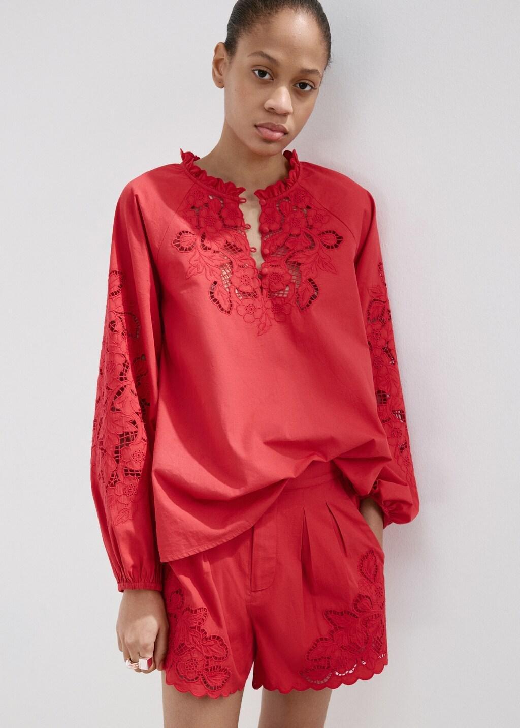 Red Embroidered Openwork Blouse, Red, large image number 3