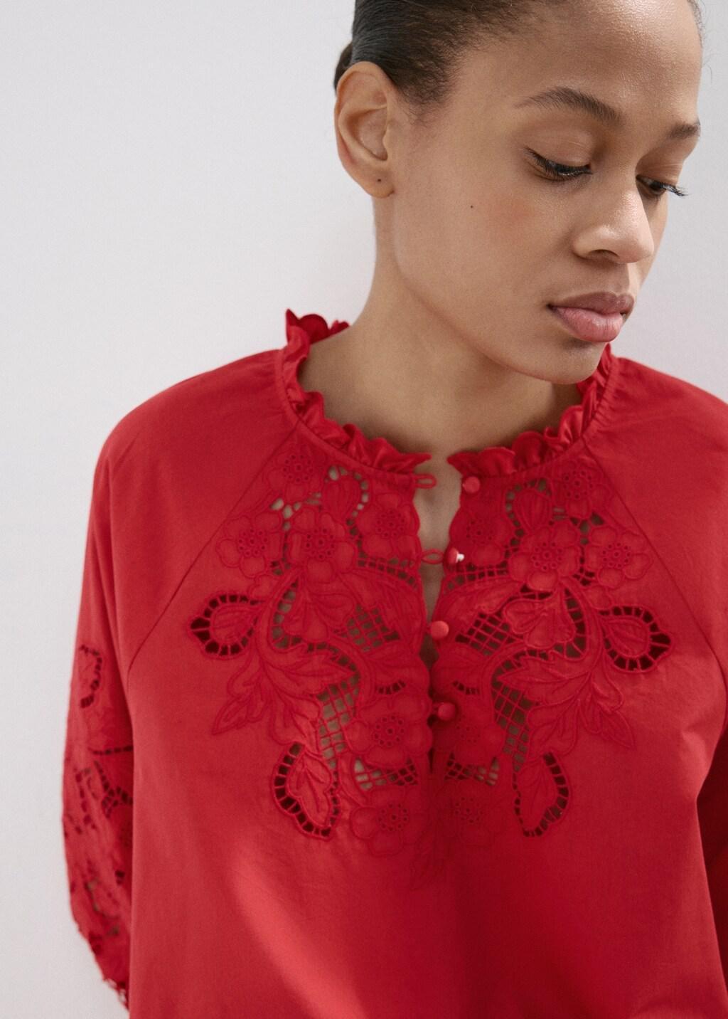 Red Embroidered Openwork Blouse, Red, large image number 4