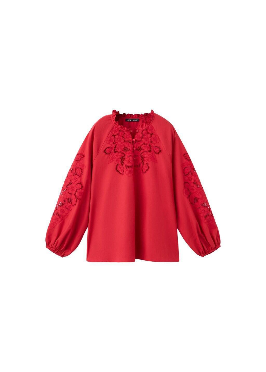 Red Embroidered Openwork Blouse, Red, large image number 6