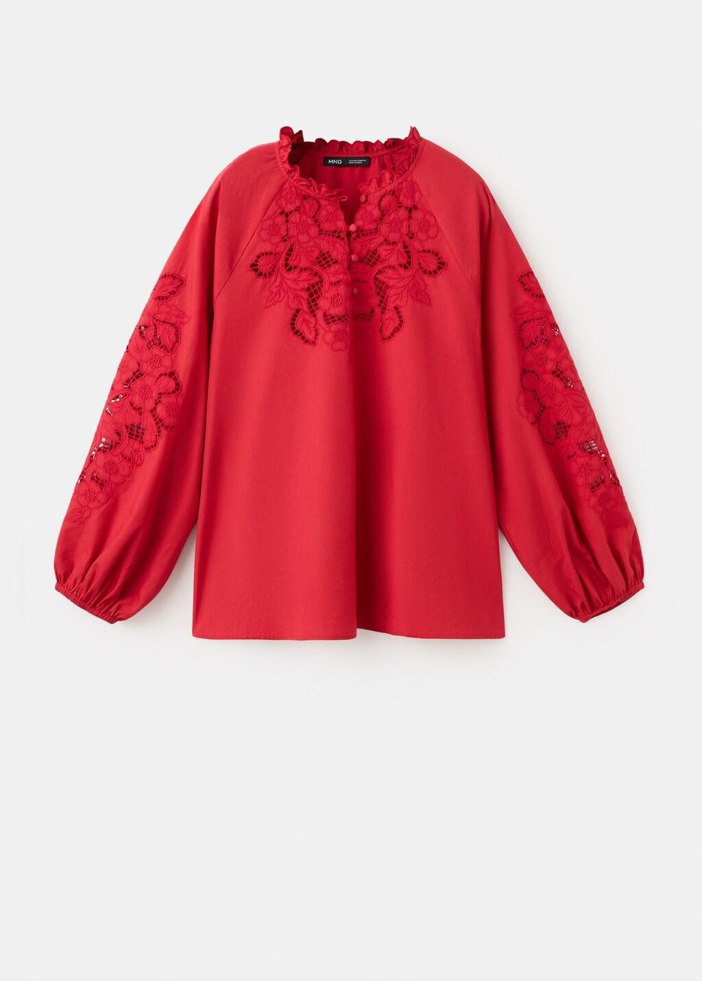 Red Embroidered Openwork Blouse, Red, large image number 7
