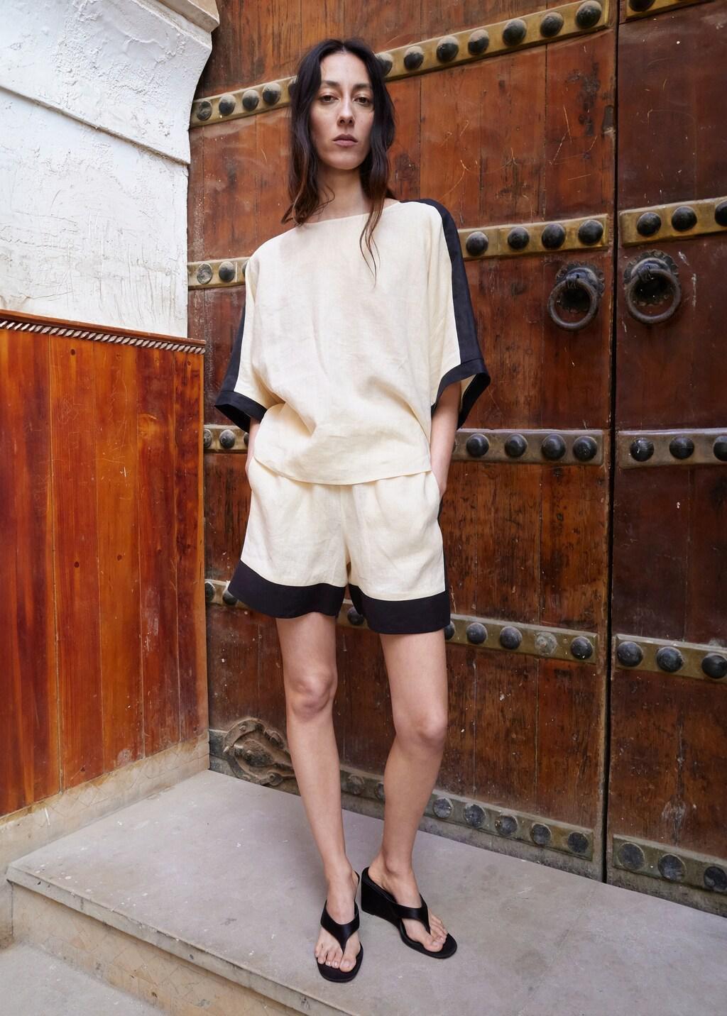 Beige Contrast Stripe Linen Shorts, Light Beige, large image number 0