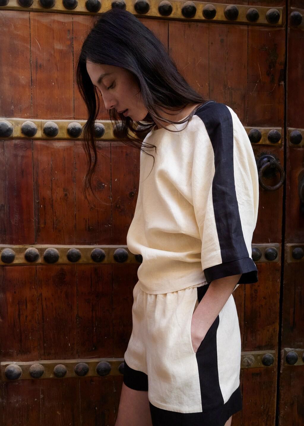 Beige Contrast Stripe Linen Shorts, Light Beige, large image number 3