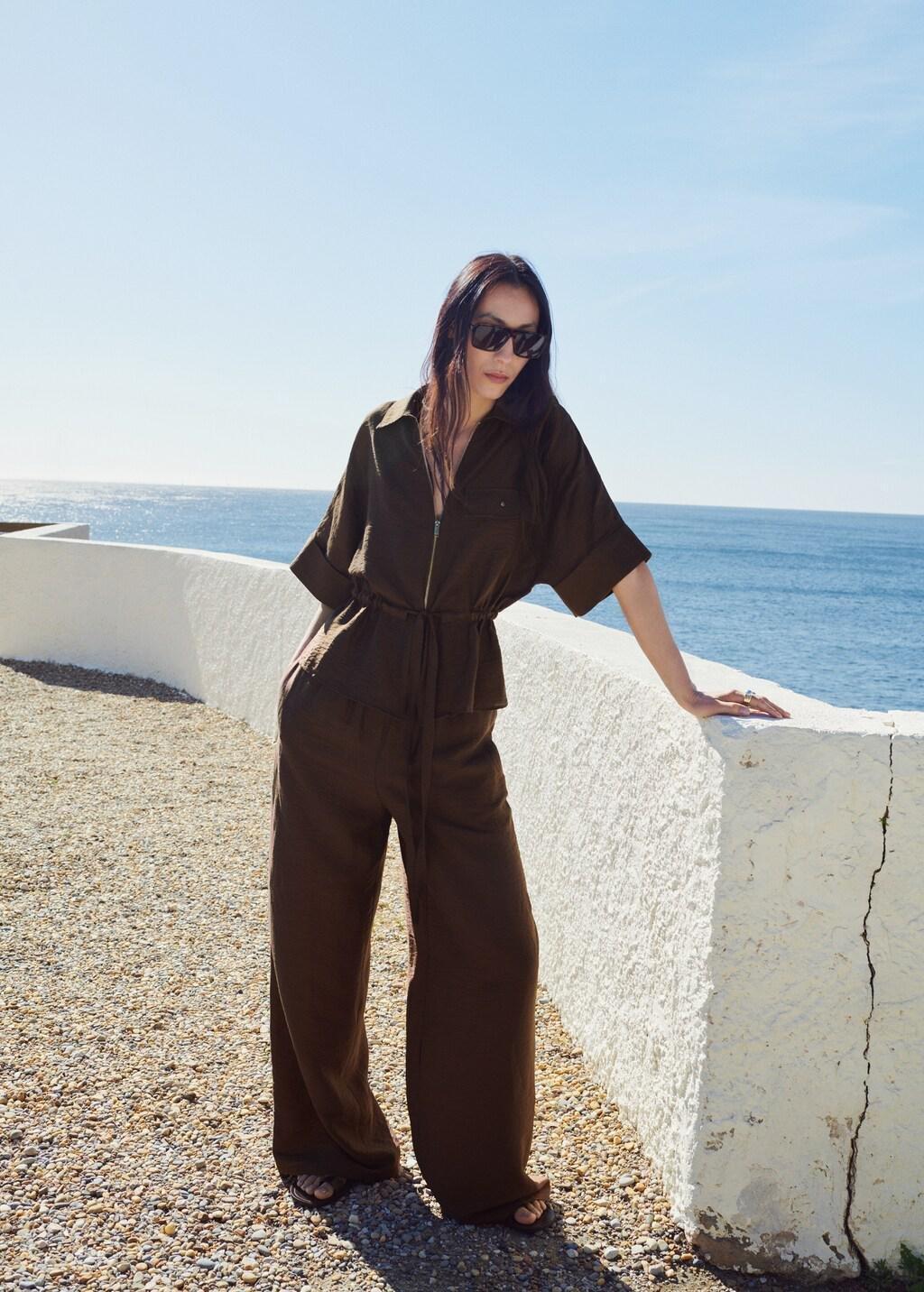 Brown Linen Palazzo Trousers, Brown, medium