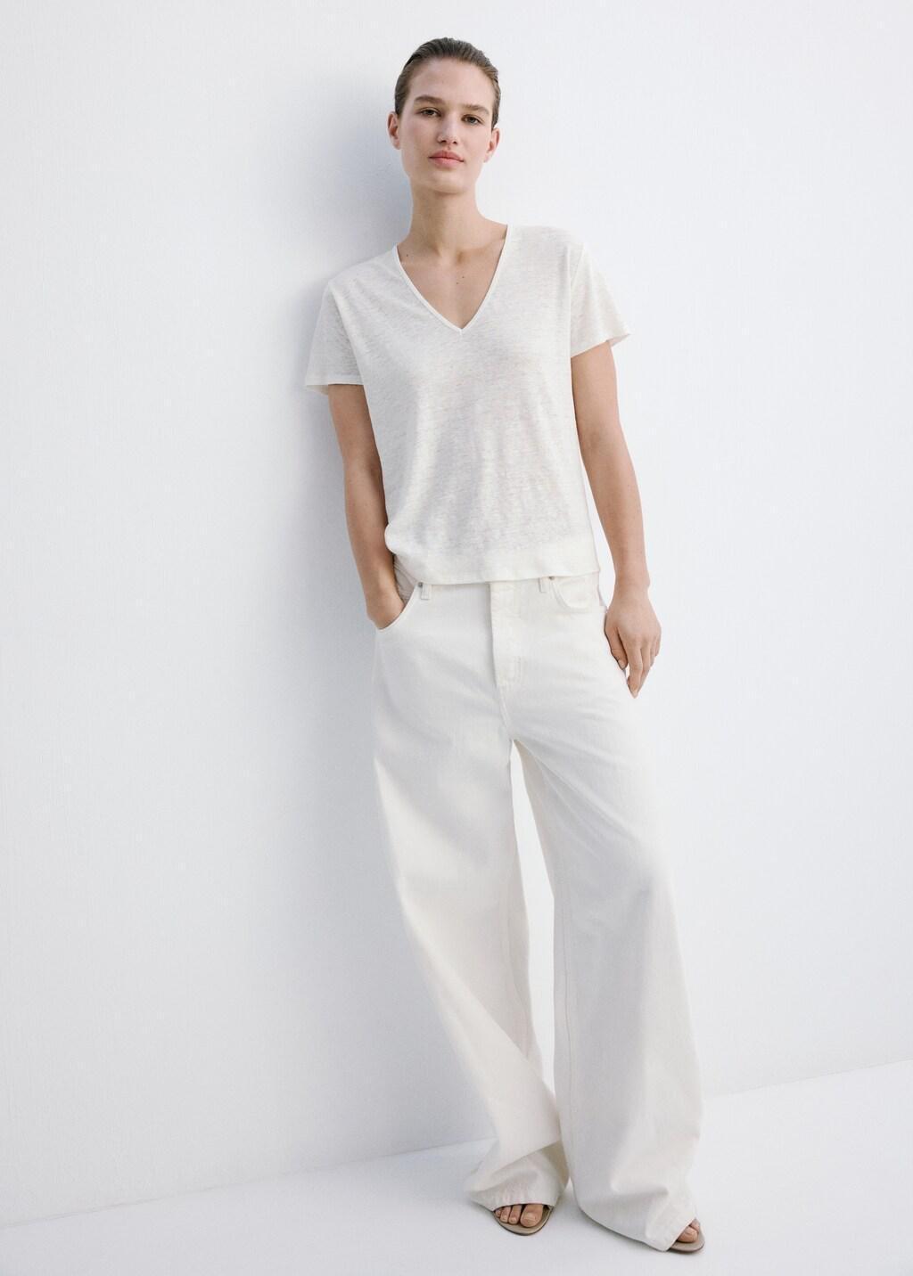 White V-Neck Linen T-Shirt, 0201_02, large image number 0