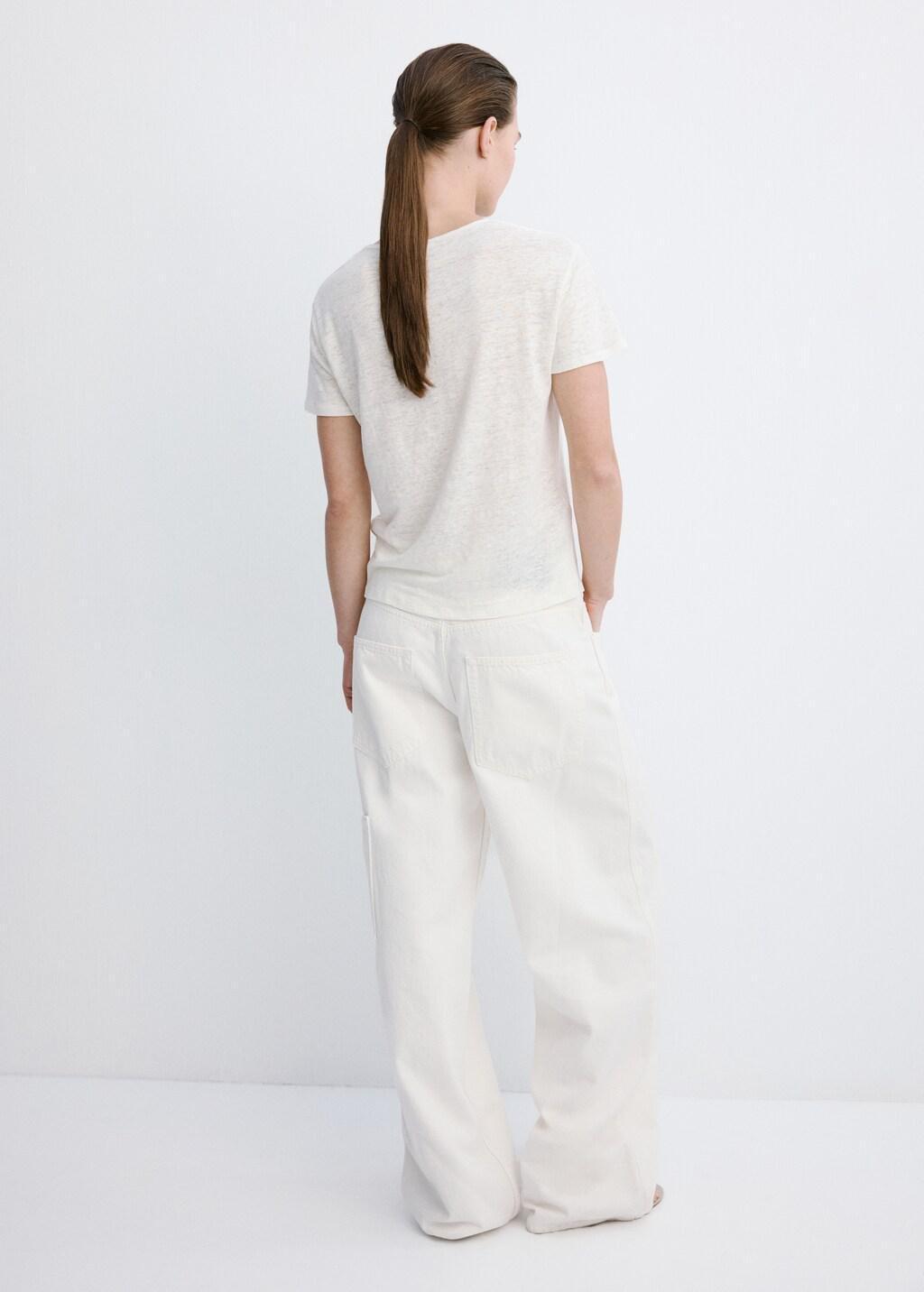 White V-Neck Linen T-Shirt, 0201_02, large image number 2