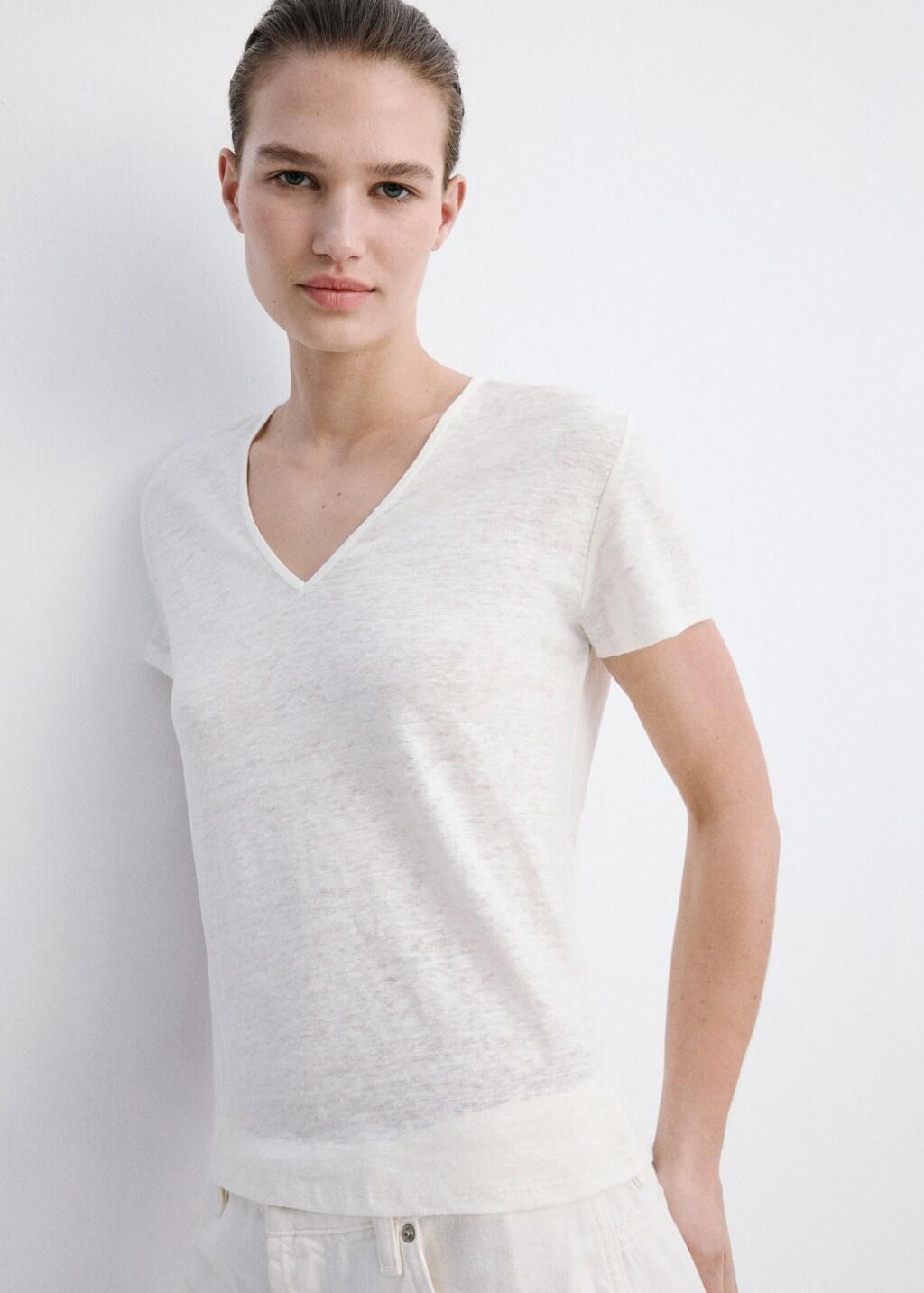 White V-Neck Linen T-Shirt, 0201_02, large image number 3