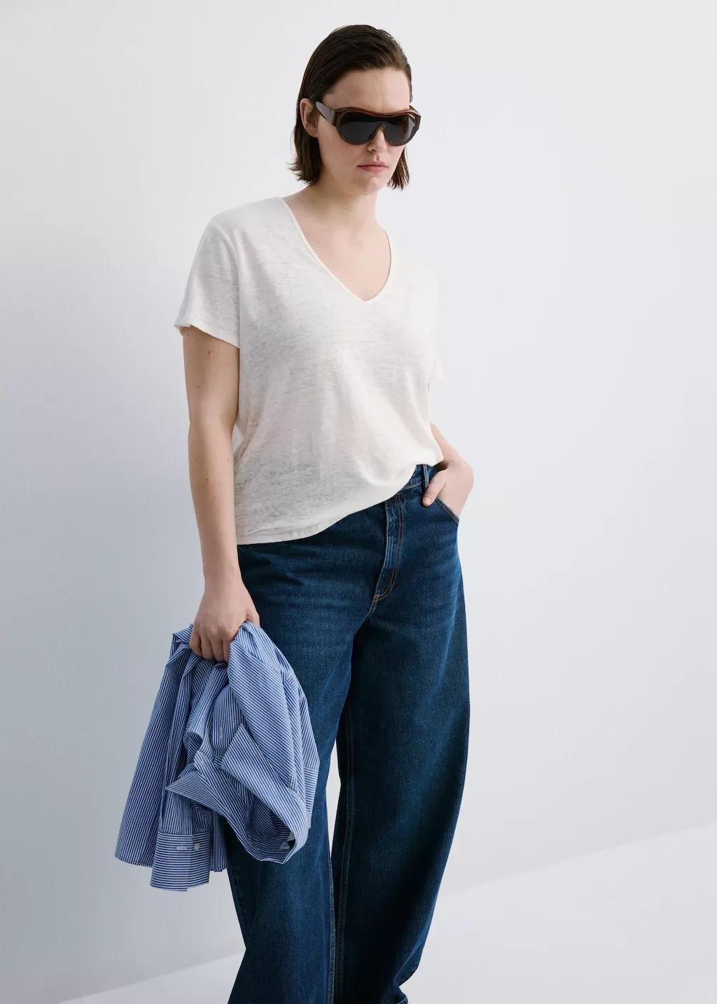 White V-Neck Linen T-Shirt, 0201_02, large image number 6