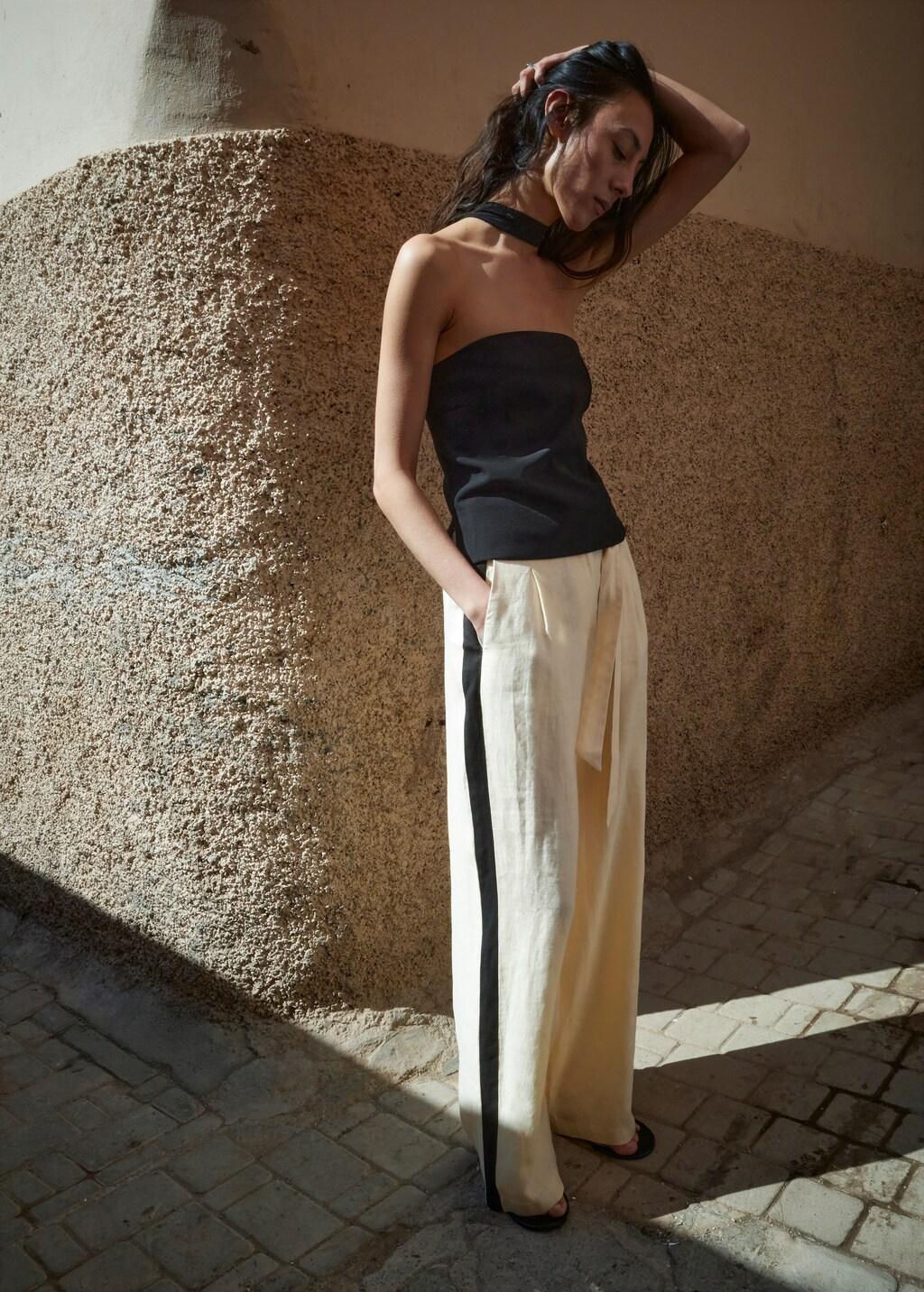 Beige Contrast Stripe Linen Trousers, Light Beige, large image number 0