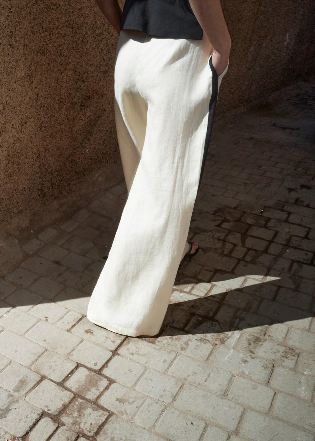 Beige Contrast Stripe Linen Trousers, Light Beige, large image number 2