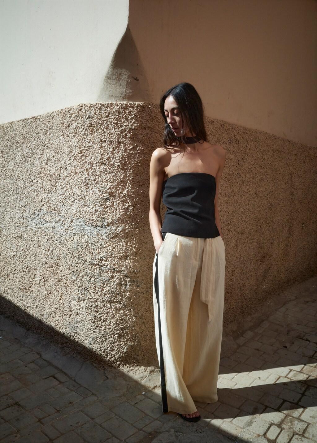 Beige Contrast Stripe Linen Trousers, Light Beige, large image number 4