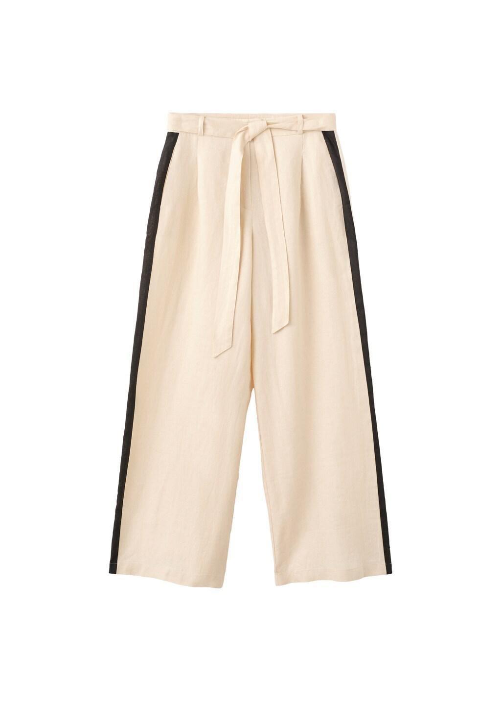 Beige Contrast Stripe Linen Trousers, Light Beige, large image number 6