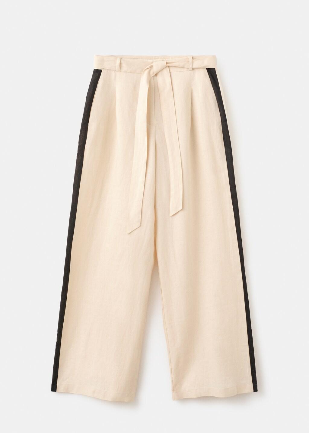 Beige Contrast Stripe Linen Trousers, Light Beige, large image number 7