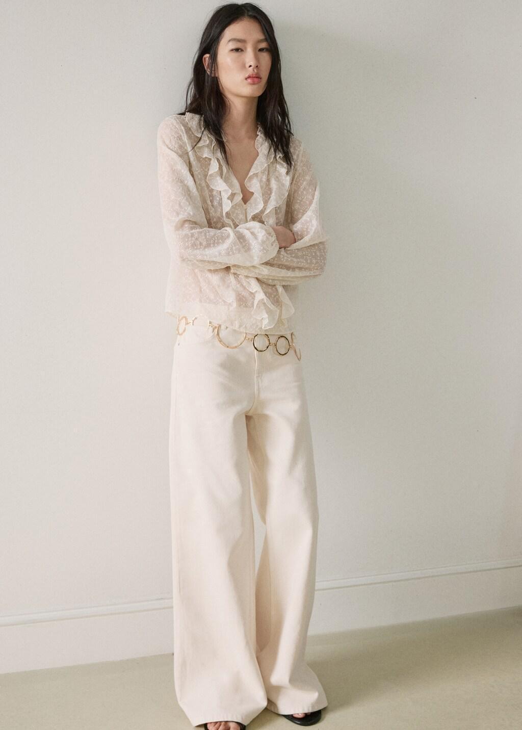 Beige Ruffled Embroidered Blouse, Light Beige, large image number 0