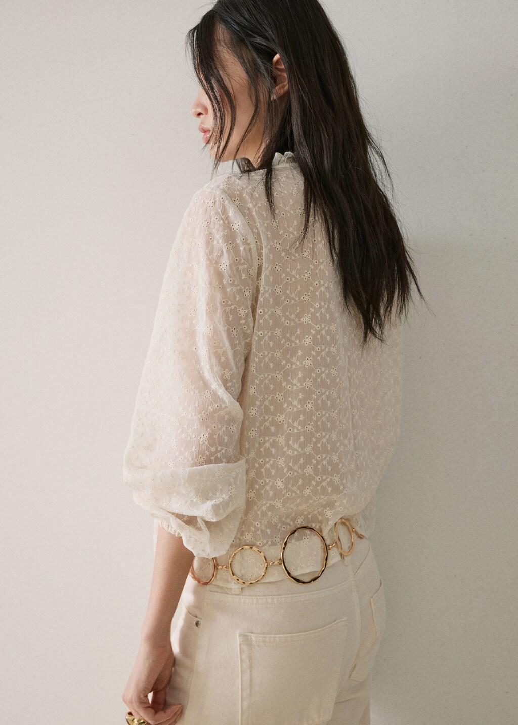 Beige Ruffled Embroidered Blouse, Light Beige, large image number 2