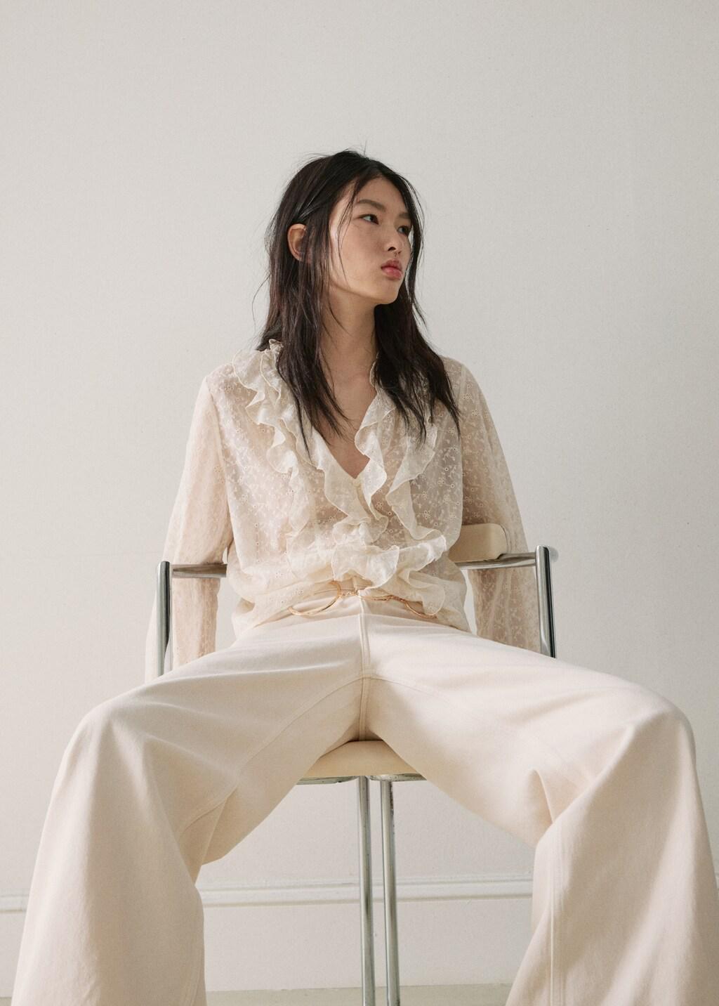 Beige Ruffled Embroidered Blouse, Light Beige, large image number 3