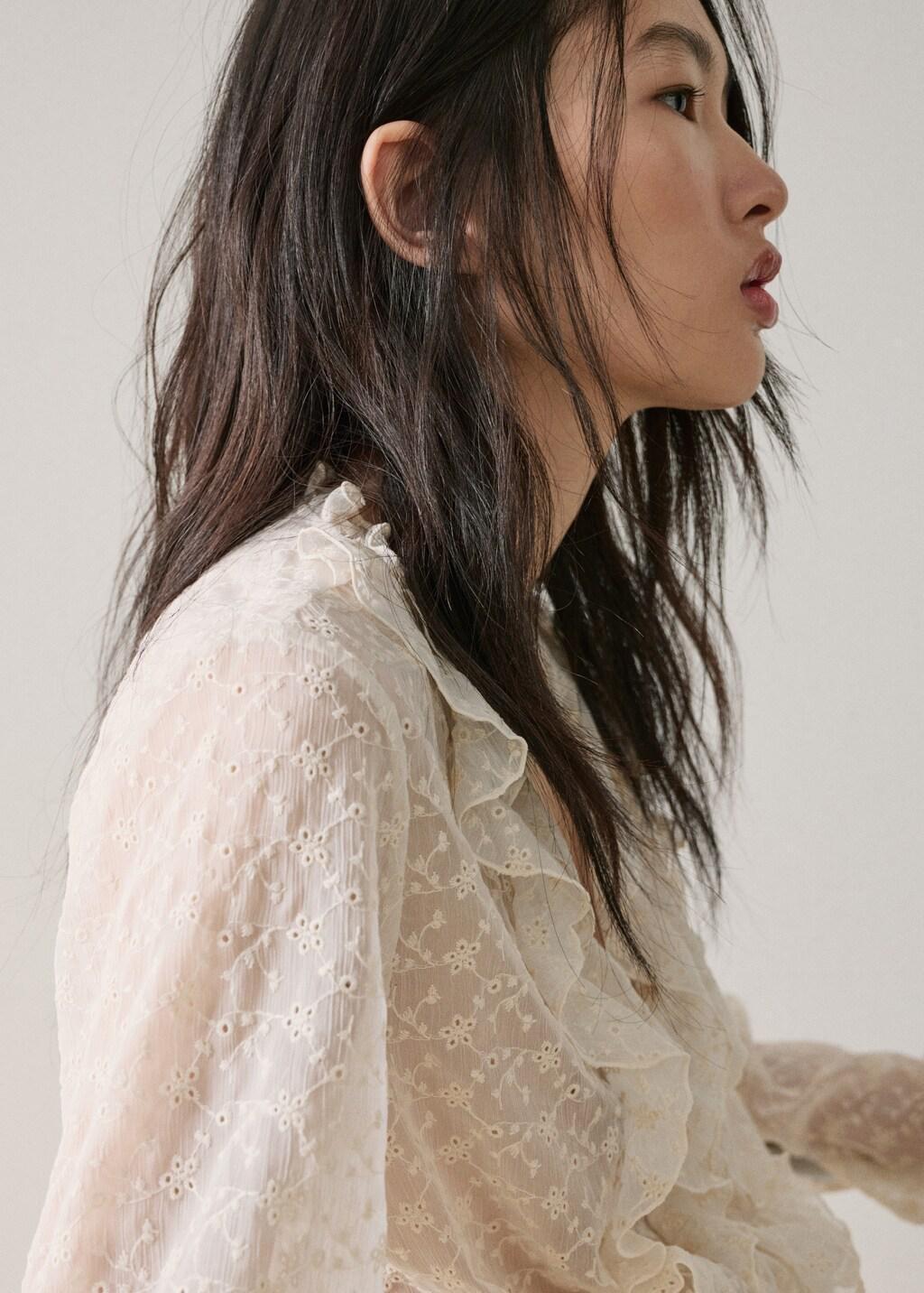 Beige Ruffled Embroidered Blouse, Light Beige, large image number 4