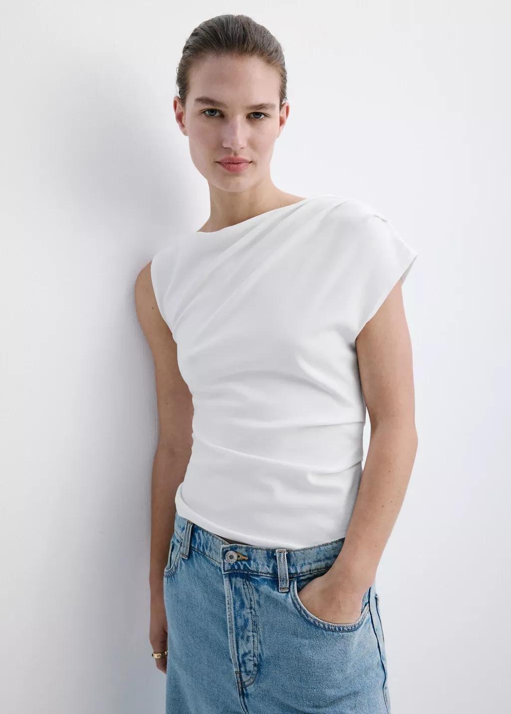 White Asymmetric Ruched Top, White, large image number 3