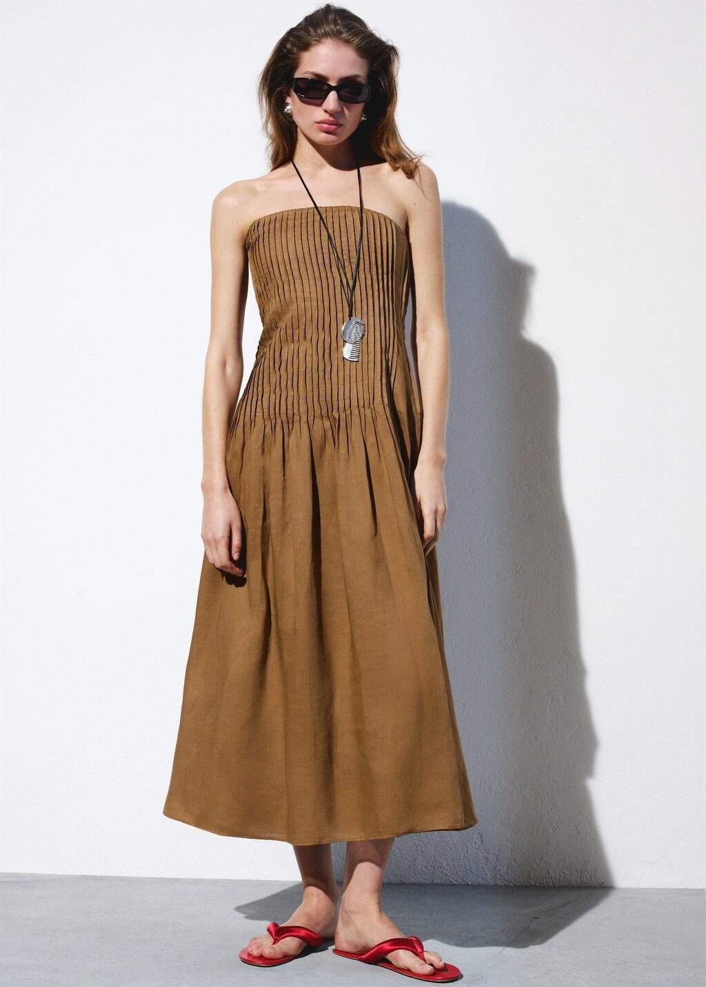 Beige 100% Ramie Dress With Pleated Body, Light Beige, large image number 0
