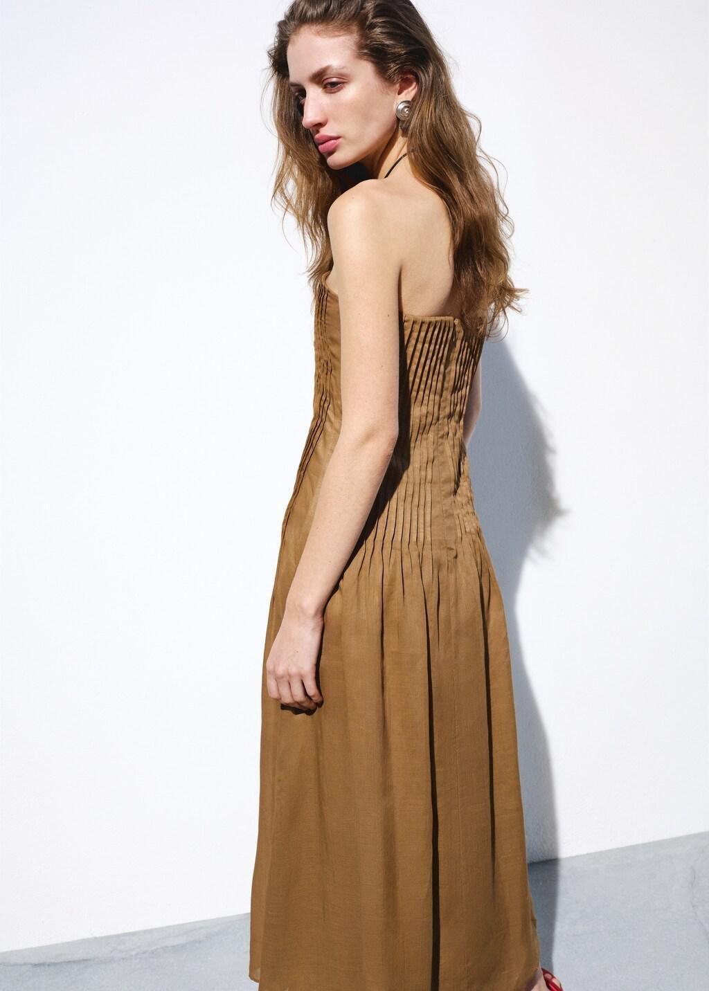 Beige 100% Ramie Dress With Pleated Body, Light Beige, large image number 2