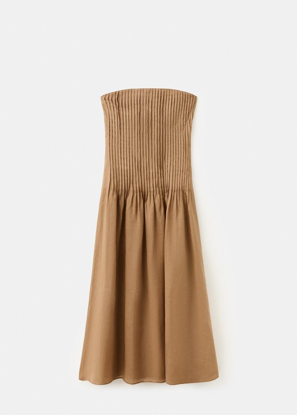 Beige 100% Ramie Dress With Pleated Body, Light Beige, large image number 7