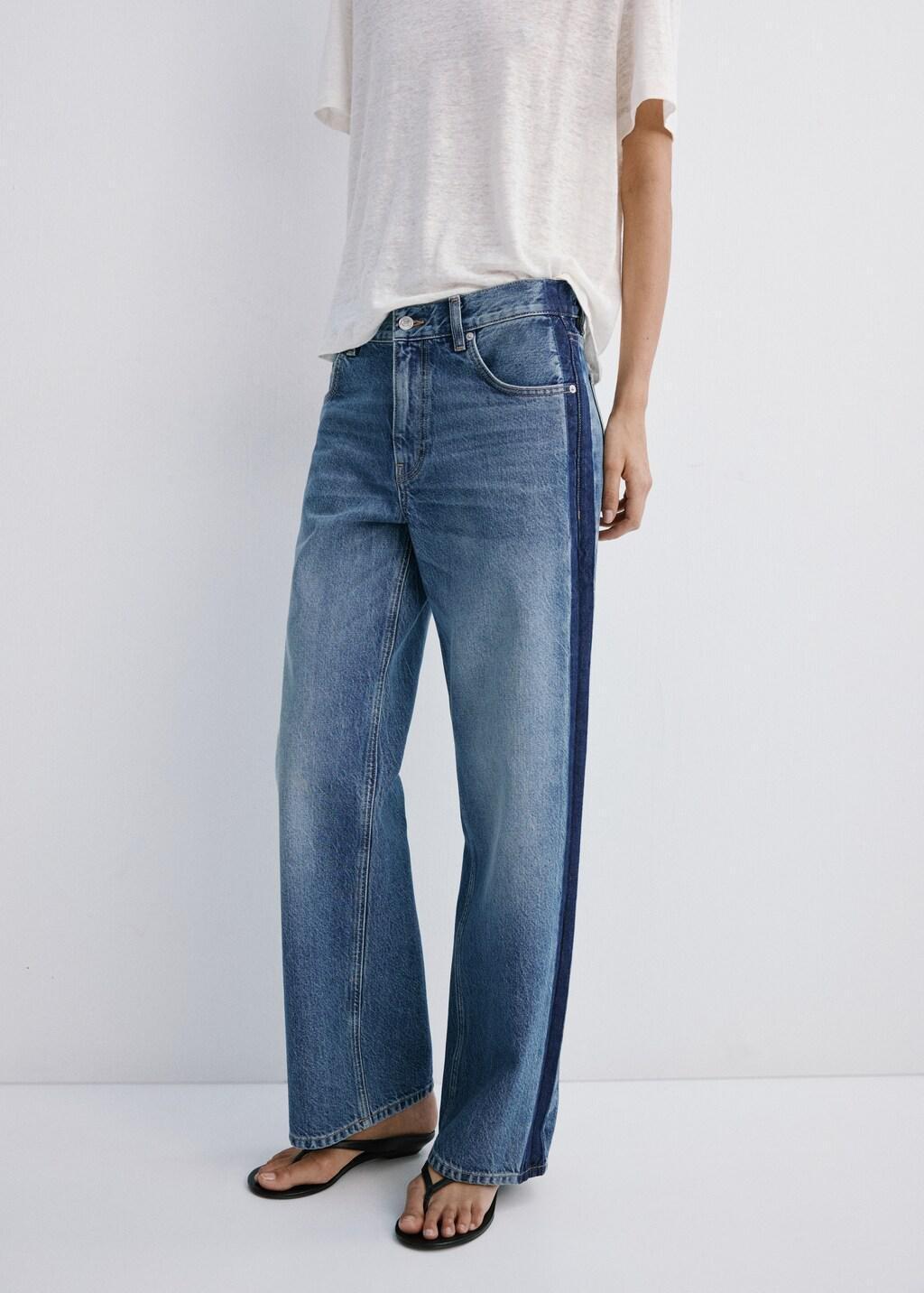 Blue Low-Rise Straight Jeans With Contrast Stripe, Open Blue, large image number 3