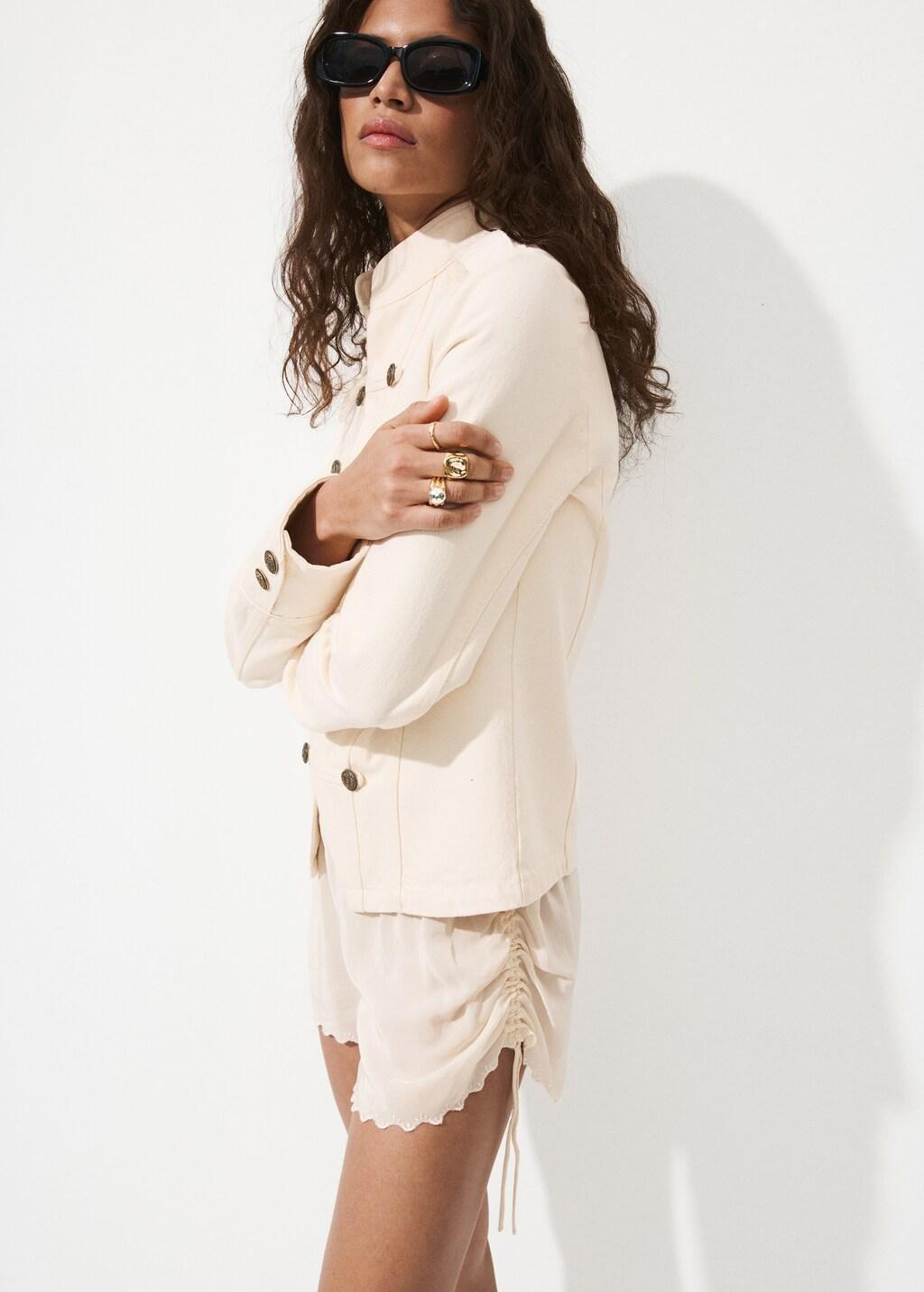 Beige Fitted Jacket With Band Collar, Light Beige, large image number 3