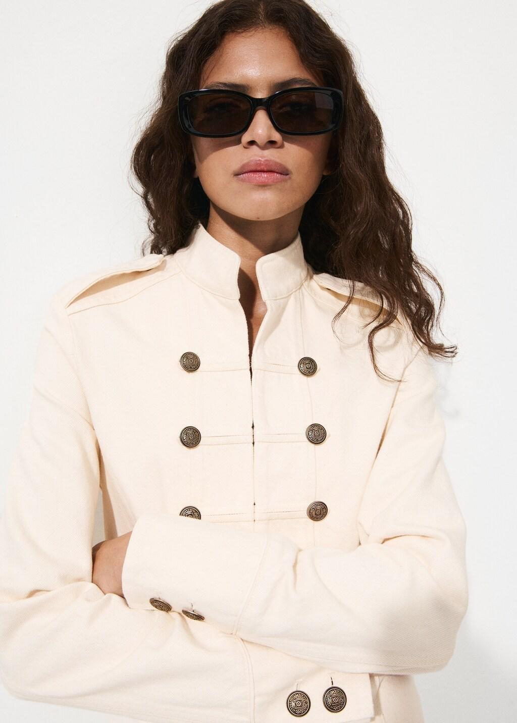 Beige Fitted Jacket With Band Collar, Light Beige, large image number 4