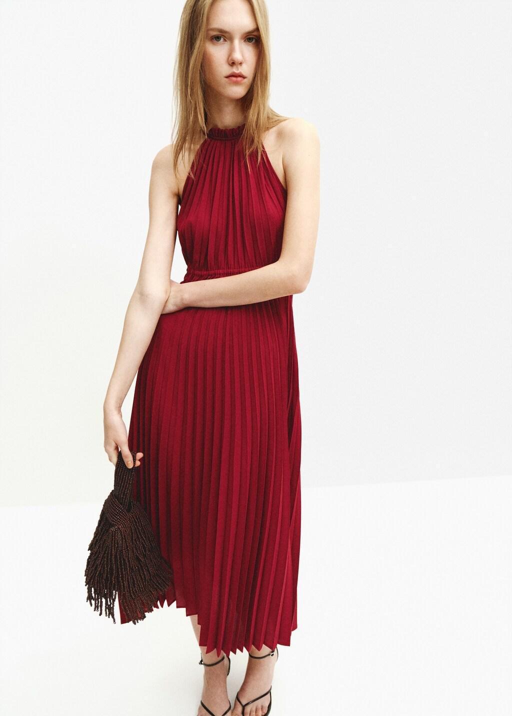 Red Pleated Halter Neck Dress, 0201_75, large image number 0