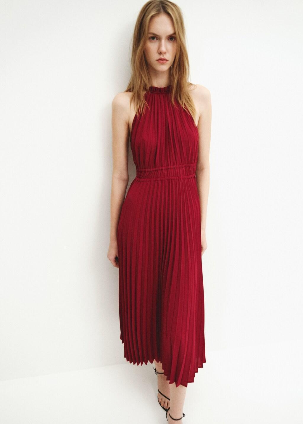 Red Pleated Halter Neck Dress, 0201_75, large image number 3