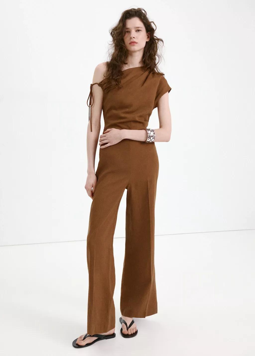 Brown Asymmetric Linen Lyocell Jumpsuit, 0201_31, large image number 0