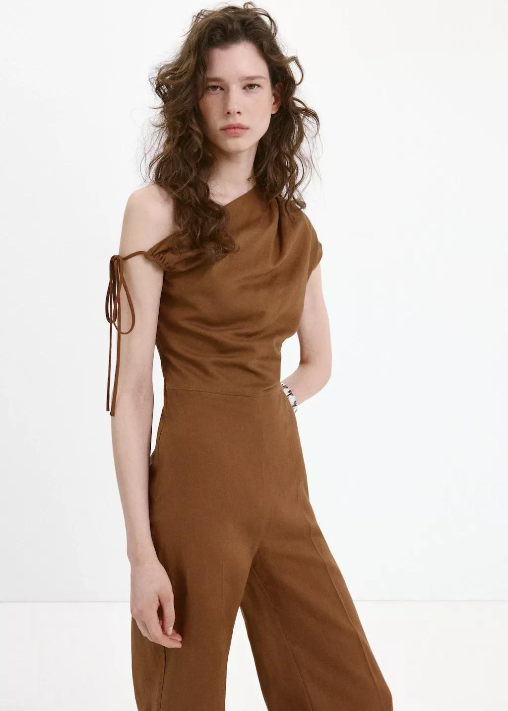 Brown Asymmetric Linen Lyocell Jumpsuit, 0201_31, large image number 3