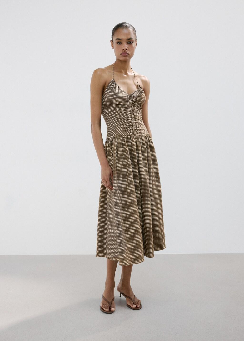 Khaki Midi Dress With Ruched Check Detail, 0201_37, large image number 0