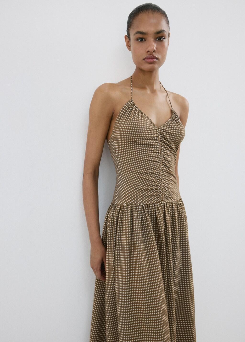 Khaki Midi Dress With Ruched Check Detail, 0201_37, large image number 3